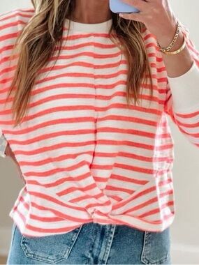 Evereve Coral and White Striped Twist Front Long Sleeve Tee